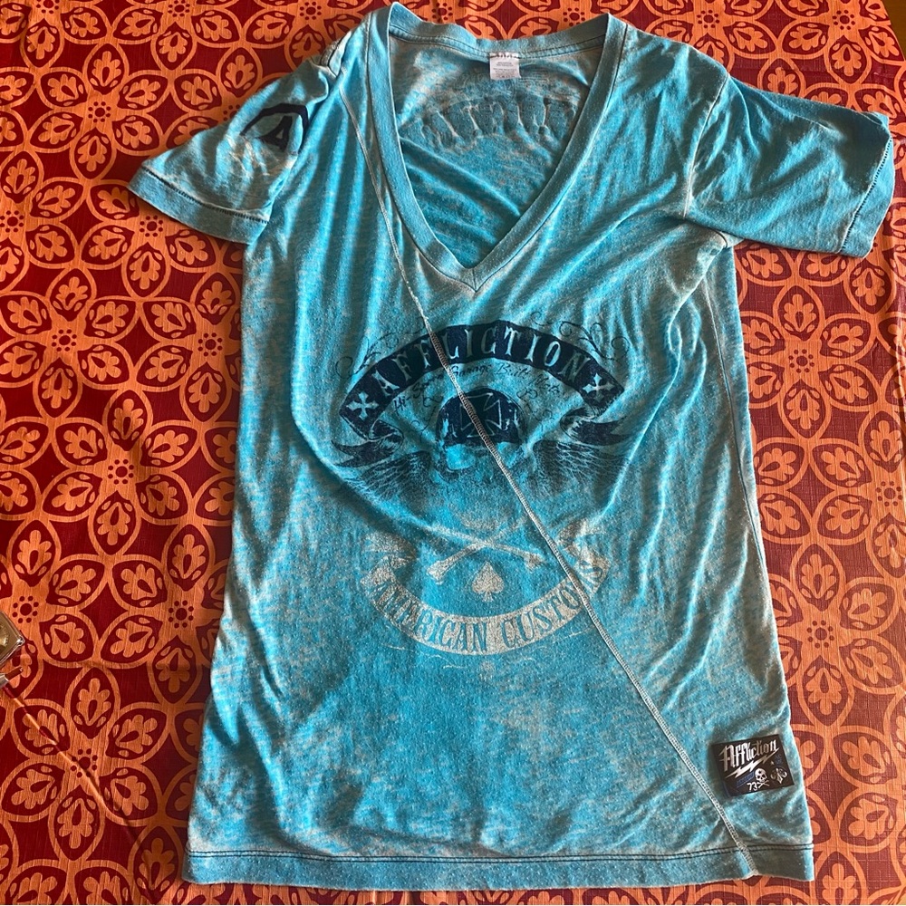 Affliction American Customs Skull V-neck Top Medium blue Y2K Grunge